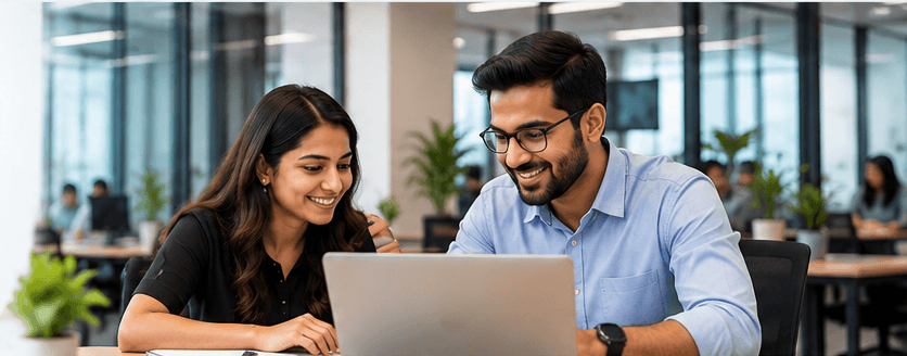 Team members collaborating over a laptop in an office